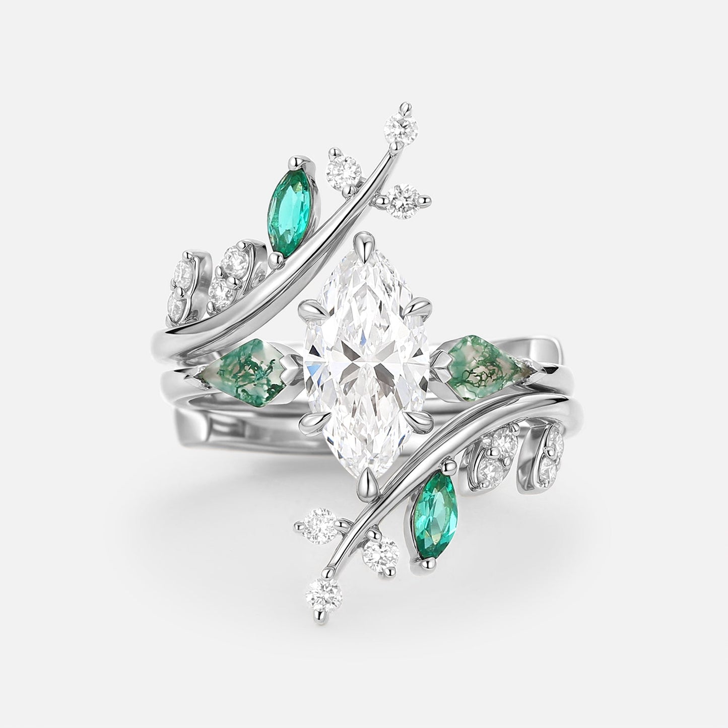 Unique Marquise Cut Lab Diamond Cage Leafy Engagement Ring Sets 2pcs - Knight